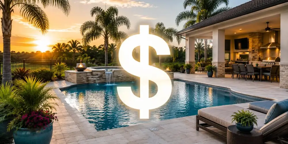 US dollar sign with pool, concept of cost and budget factors when building a new pool in florida by Ocala Pool Builder, Palm Coast, Ormond Beach, Daytona Beach, Jacksonville, Tallahassee, Holly Hill Pool Builder