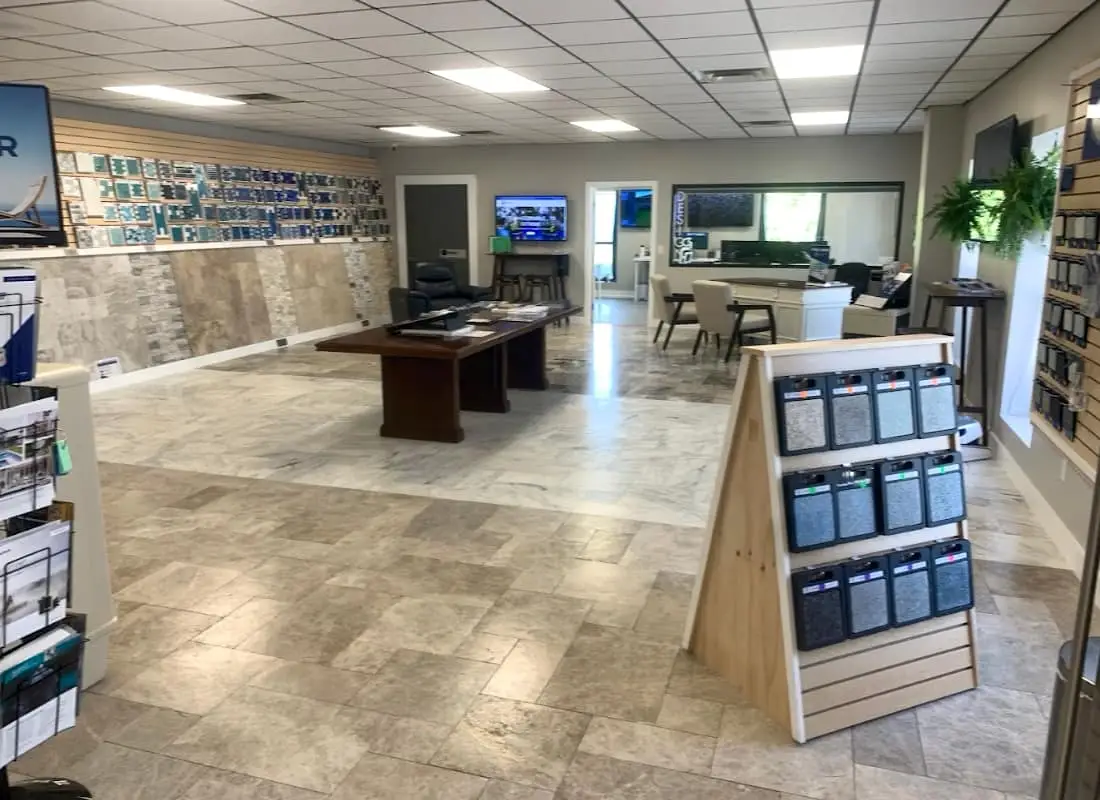 Interior Pool Showroom at Agua Pools St. Johns showing materials