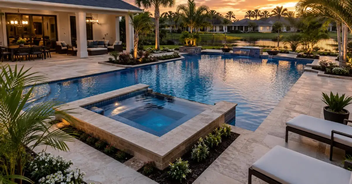 pool, spa, landscape, outdoor living environment design ideas by pool builder in Jacksonville