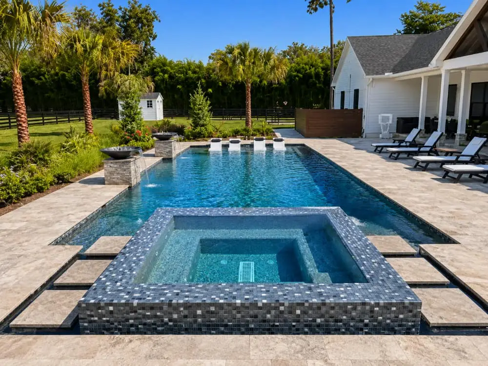 spa, pool, travertine pool deck