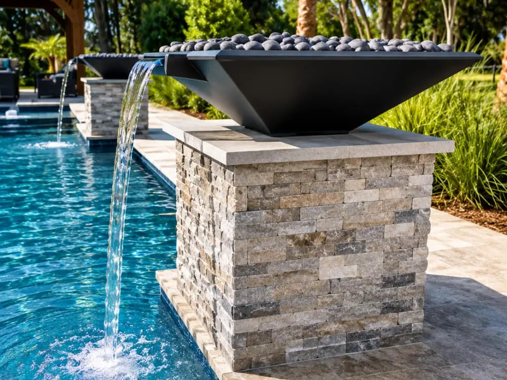 water fountain bowl on stone column next to pool