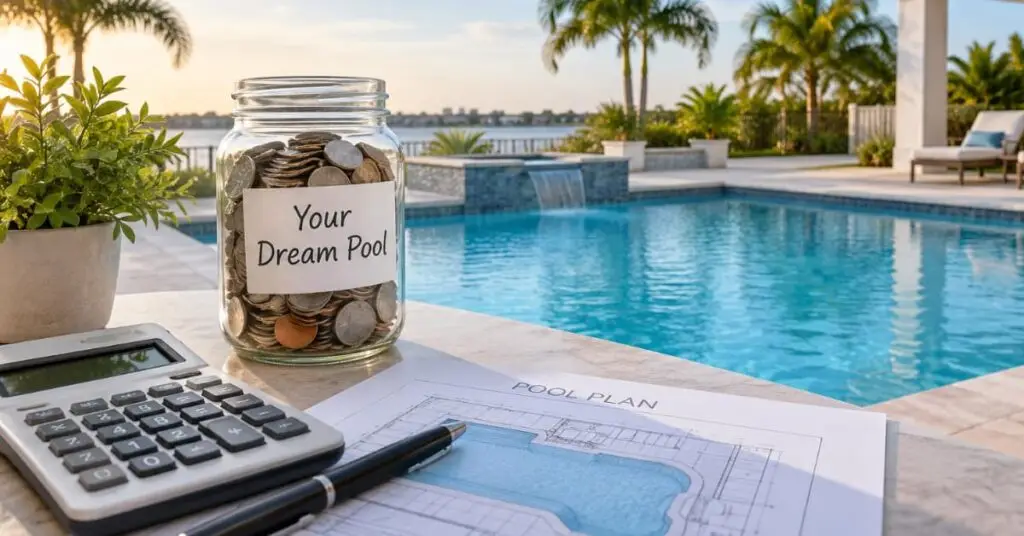 pool, jar with money, calculator concept of inground pool cost Daytona Beach FL