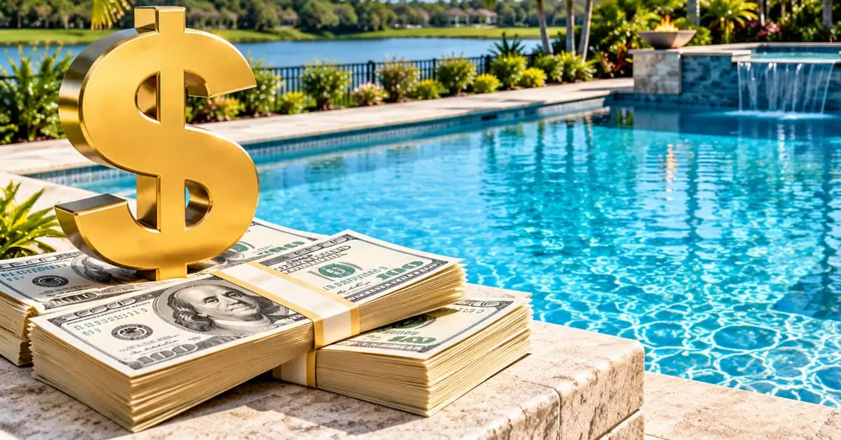 US dollar icon and dollar bills by pool, spa and lake, representing 20x40 gunite pool cost in Florida